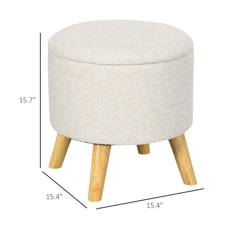Cream White HOMCOM Round Storage Ottoman, Elegant Stool Chair with Comfortable Cushioned Top for Living Room and Bedroom Decor, 