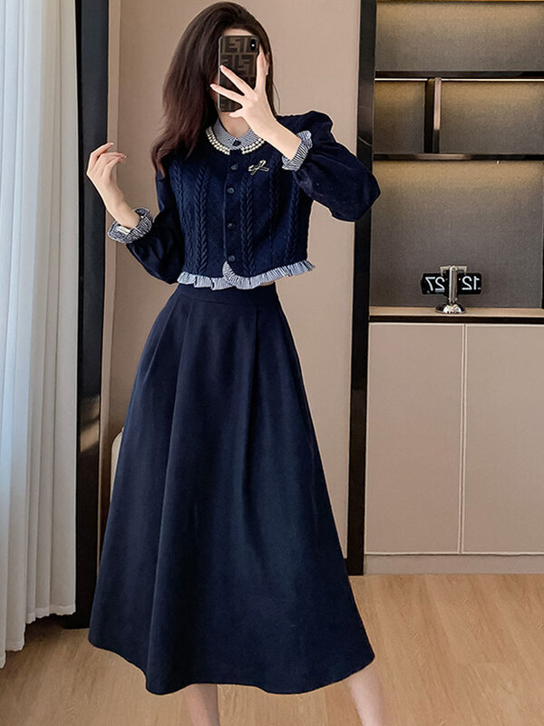 Женский трикотажный Костюм-двойка, элегантный комплект из двух предметов, корейский винтажный топ с оборками и юбка-трапеция средней длины, осень 2023