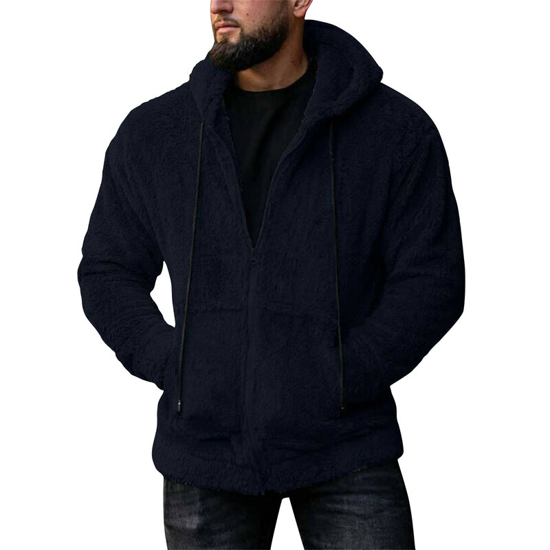 Jaket bertudung dua sisi untuk pria, mantel longgar kasual musim dingin bertudung warna polos, jaket saku ritsleting dua sisi untuk pria