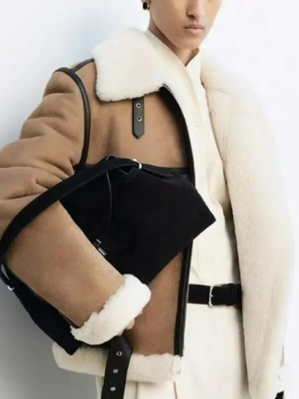 Casaco de pele sintética feminino com fivela de metal, zíper emendado, jaqueta quente espessada, moda inverno