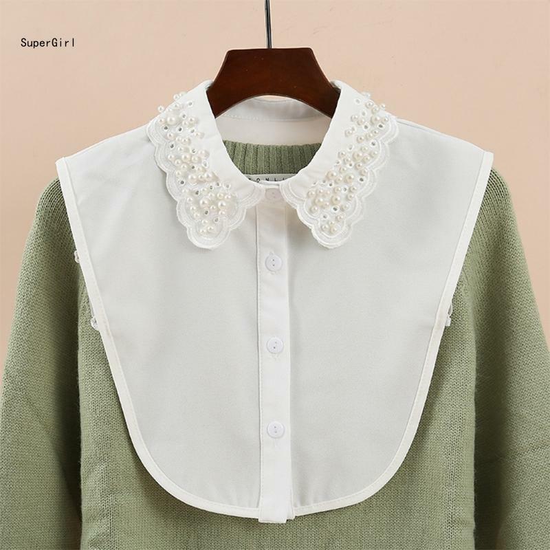 Faux Pearl Beaded Fake Collar Women White Dickey Embroidery Scalloped Half Shirt