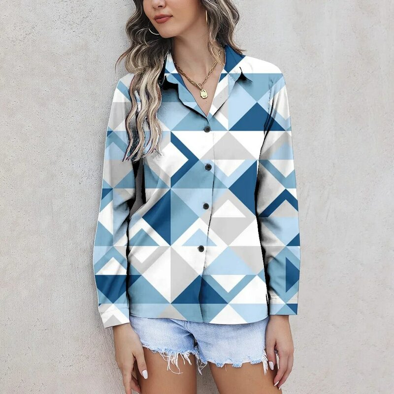 Camisa de manga larga con botones para mujer, camisa con estampado de bloques geométricos en 3D, color azul, para verano, 2024