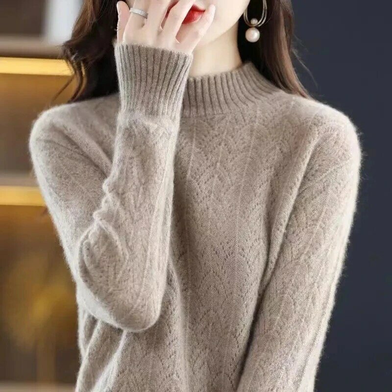Suéter de caxemira de gola alta feminino, fundo casual, manga comprida, cor pura, solto, outono, inverno, 2024