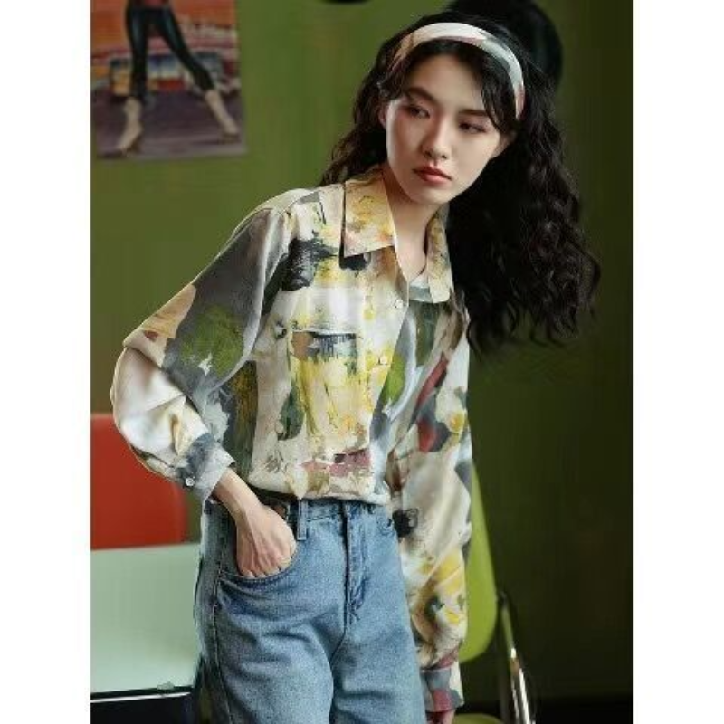 Camisa feminina de manga comprida com decote polo casual, blusa solta de botão jovem, tops vintage, roupas de primavera, nova impressão, moda doce