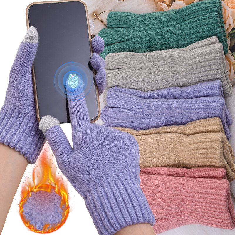 Nieuwe Unisex Warme Winter Touchscreen Handschoenen Stretch Gebreide Wanten Wol Full Finger Guantes Vrouwelijke Dikke Stevige Wollen Fietshandschoen