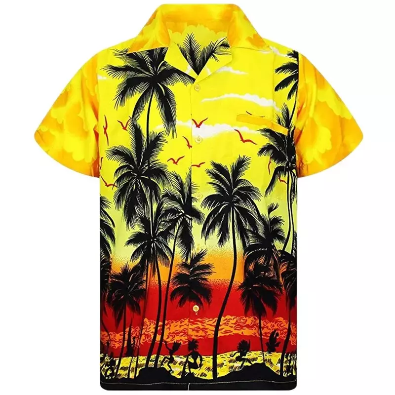 Camisa havaiana solta de manga curta masculina, coqueiro, com botões, tops estilo praia de férias, impressão 3D, casual, verão, 2024