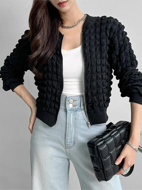 여성용 긴 소매 퍼프 코트, 캐주얼 패션, 느슨한 크롭 재킷, 한국 스타일 플리츠 재킷 코트, 용수철 여름