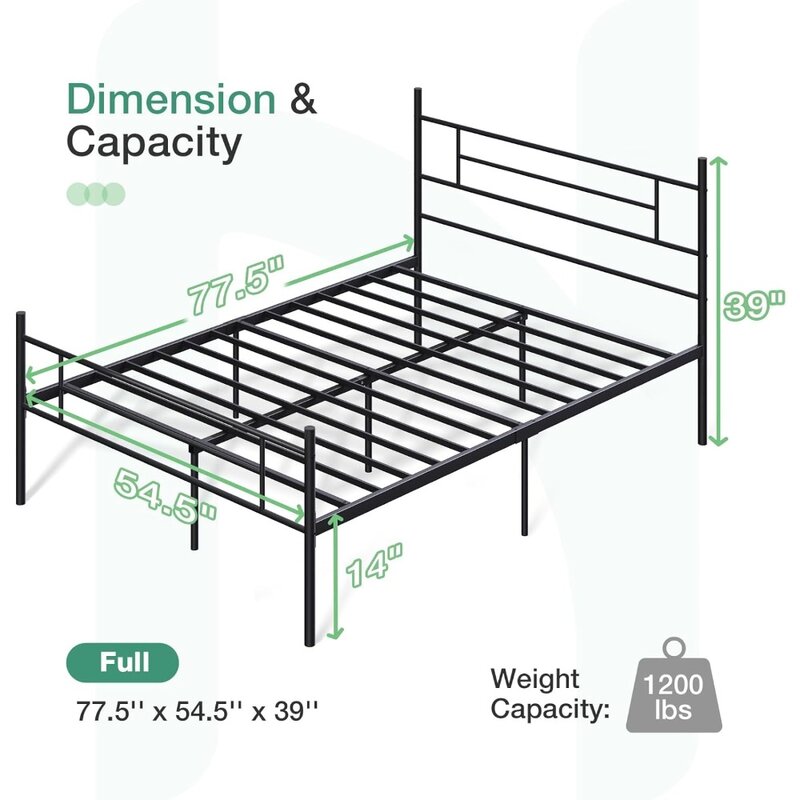 Pełnowymiarowa rama łóżka z zagłówkiem i podnóżkiem, 14-calowa metalowa rama łóżka z platformą, schowek pod łóżkiem