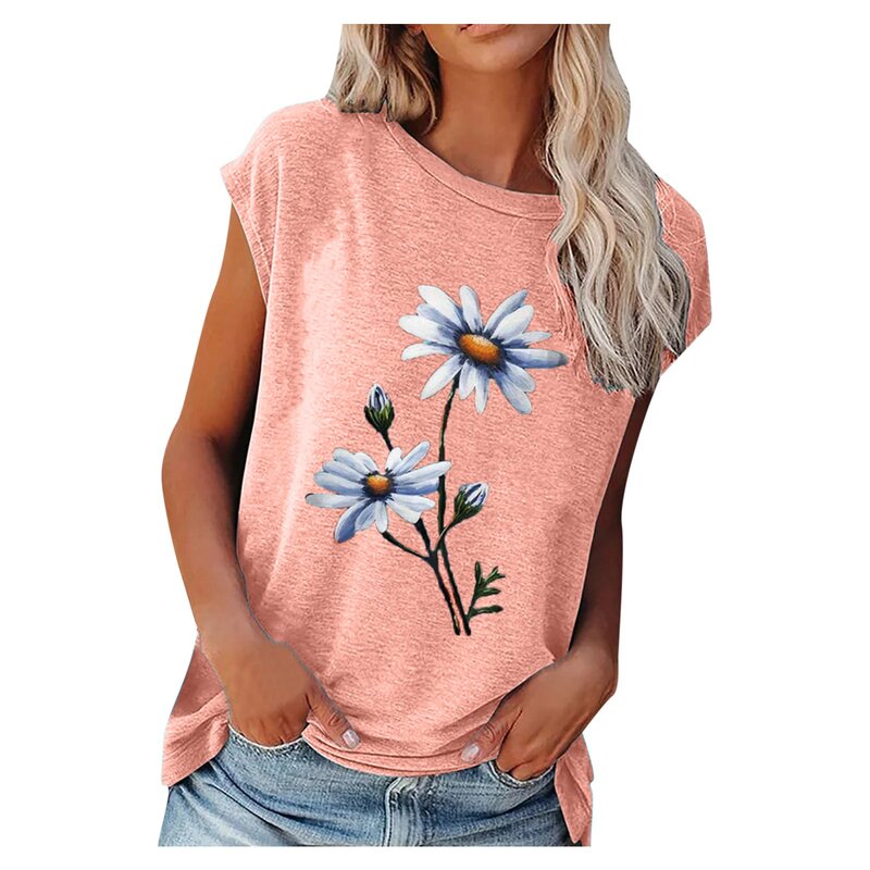 Kaus gambar bunga Pullover kerah V seksi wanita t-shirt longgar lengan pendek kasual pakaian musim panas 2023 atasan kaus ukuran besar wanita
