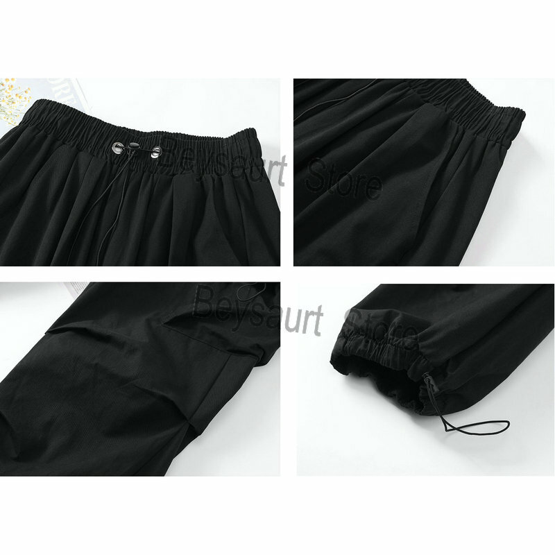 Calça de cintura elástica masculina e feminina, calça Harajuku de moda hip-hop, bolso casual, até o tornozelo, preta