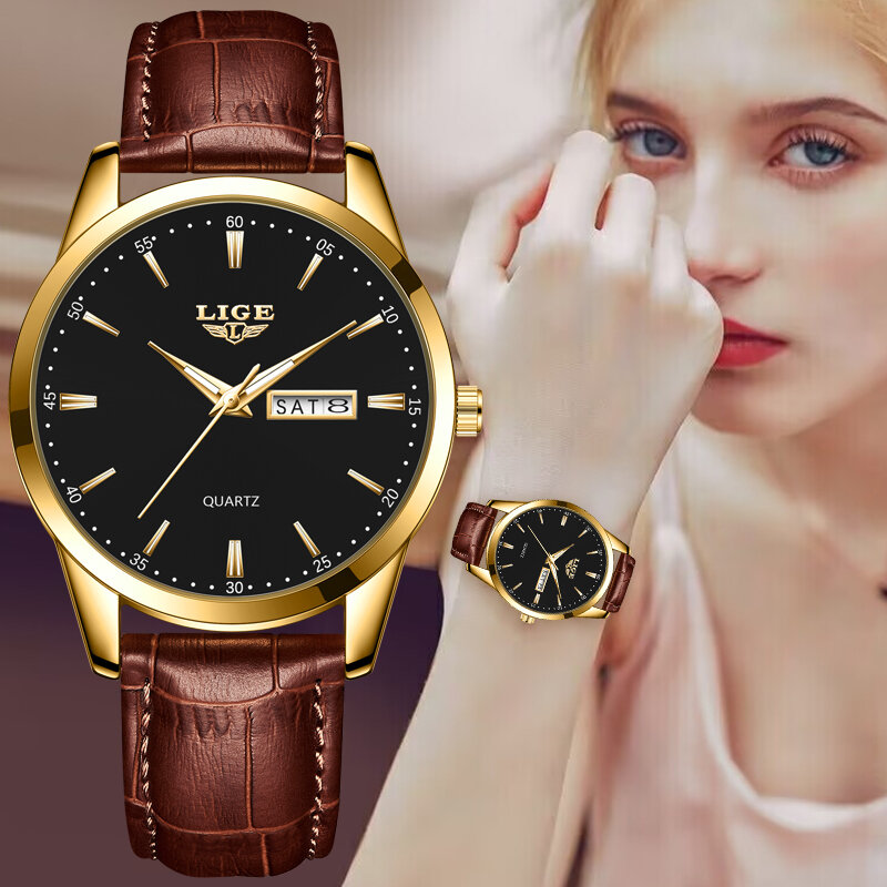 LIGE-reloj de cuarzo con correa de cuero para mujer, accesorio de marca superior, de lujo, transpirable, resistente al agua, informal, de negocios