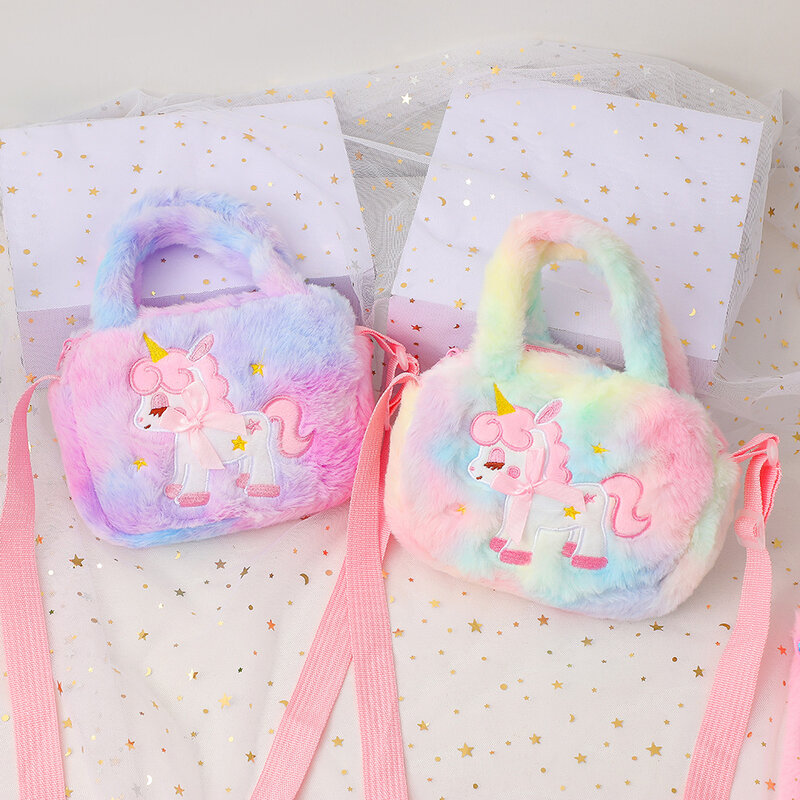 Dompet dan Tas Selempang Mewah Unicorn Sulaman Anak Kecil Perempuan Dompet Berbulu Pelangi Tas Bahu Berbulu Kartun Lucu