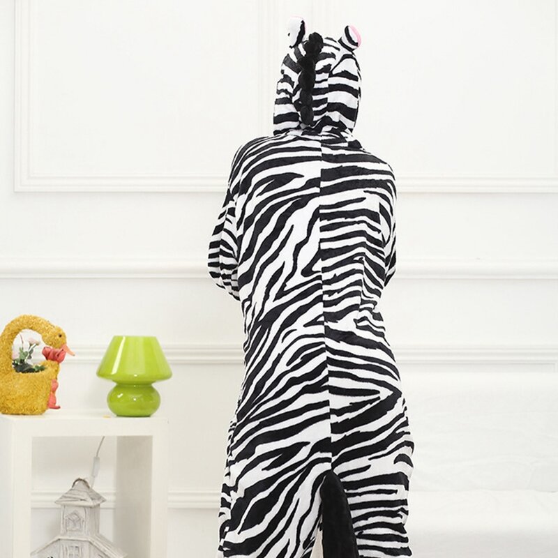 Adult Jumpsuit Pajamas Animal Image Costume One-piece Hooded Nightgown Halloween Party Outfit Flannel Clothing Female Home Wear