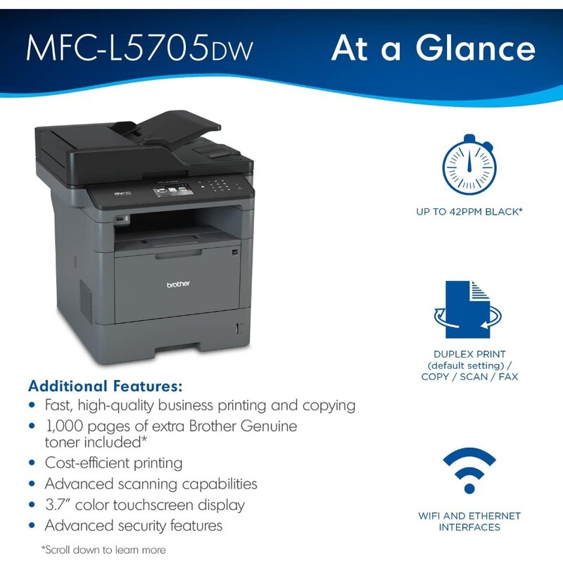 MFCL5705DW เลเซอร์โมโนโครมแบบ all-in-one สามารถเพิ่มหมึกพิมพ์เพิ่มเติมได้มากถึง1,000หน้า