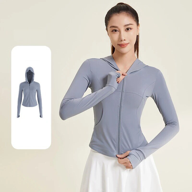 UPF50 + hoodie pelindung matahari wanita, jaket bertudung pelindung matahari slim-fit lengan panjang anti-UV ringan cepat kering bernapas musim panas untuk wanita