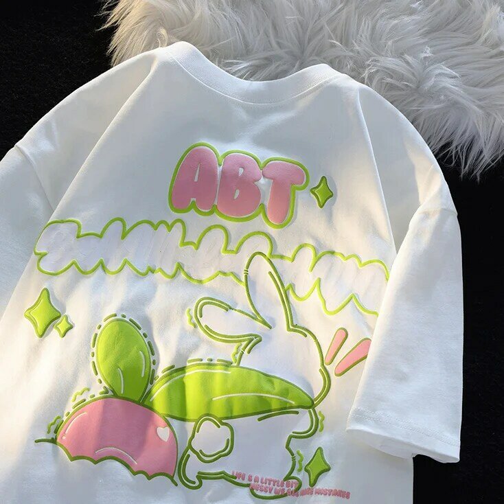 Camiseta de manga corta Kawaii para mujer, ropa de calle de estilo francés, aguacate verde, dibujo animado de conejo, ropa de calle fresca pequeña para pareja, Verano