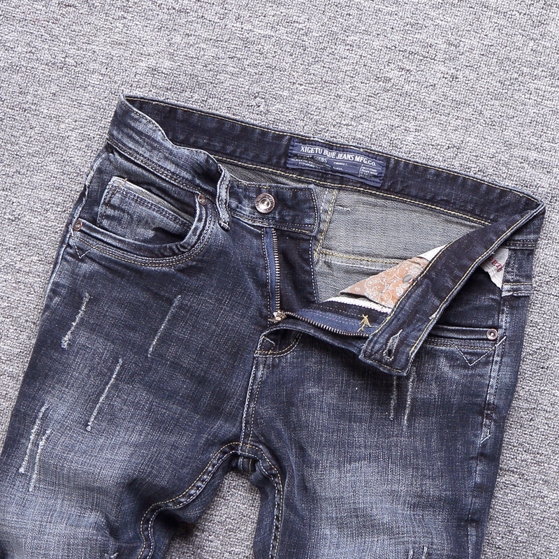 بنطلون جينز للرجال بتصميم إيطالي بتصميم عتيق باللونين الأسود والأزرق بنطلون جينز مضلع ضيق مناسب للرجال بنطلون جينز غير رسمي عتيق للرجال