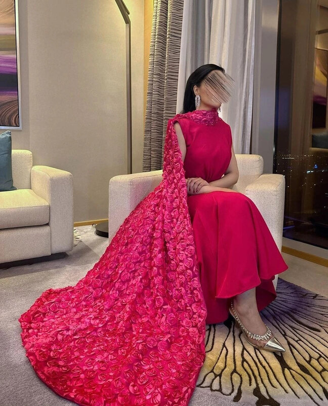 Вечерние платья с 3D цветами, накидка-Русалка 2024, современные элегантные платья до щиколотки с высоким воротником в стиле Саудовской Аравии для выпускного вечера