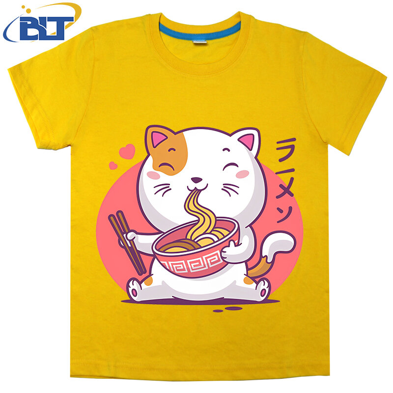 Neko ramen impresso manga curta t-shirt para as crianças, algodão tops casuais para meninos e meninas
