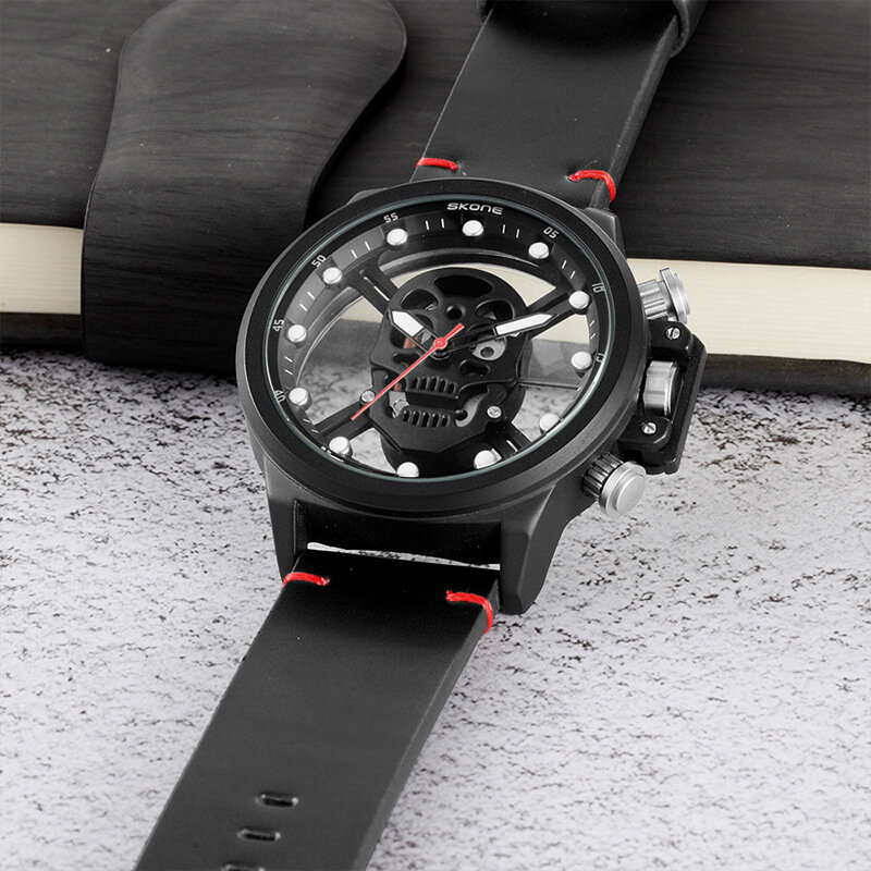 Jam tangan pria desain tengkorak unik jam tangan olahraga bercahaya jam tangan mewah Dial besar Quartz Steampunk jam tangan pria Montre Homme