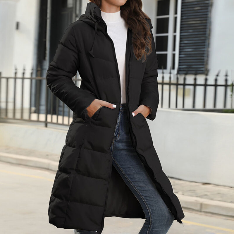 Warm and Cozy Women's Midlength Slim Fit Coat Jacket  Hooded Cotton Padded Clothing  Solid Color  Zip Closure for Easy Wear