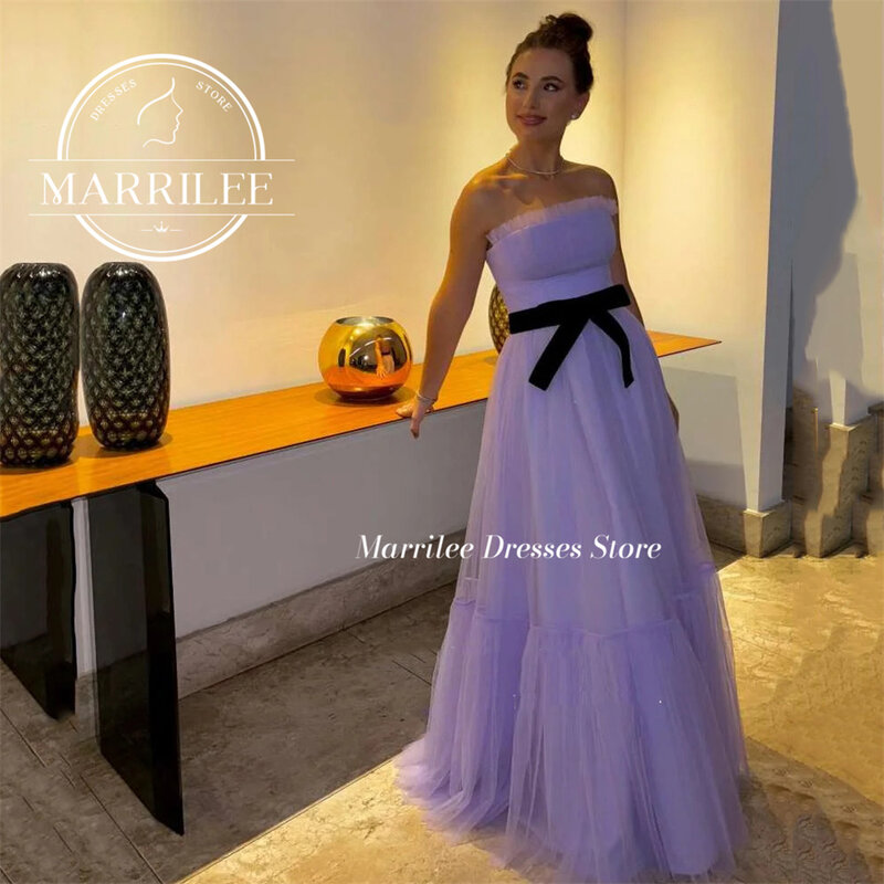 Marrilee elegan putri ungu tanpa tali busur besar Tulle gaun malam A-Line tanpa lengan berlipat lantai panjang pesta Prom gaun