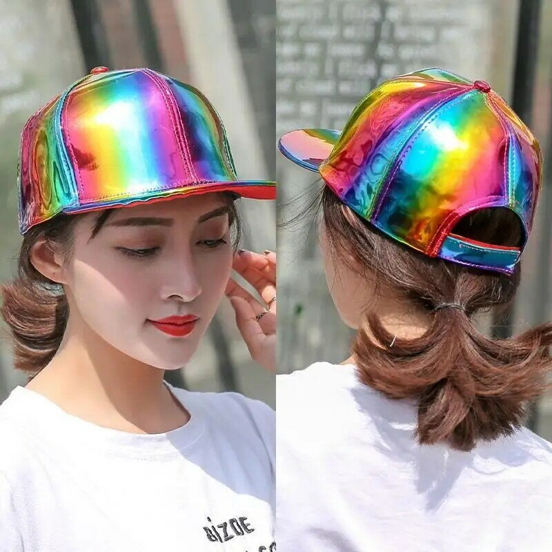 Rainbow Reflective Hip Hop Rave Hat Adjustable Hip Hop Flat Brim Fashion Flat-Brimmed Rock Caps Reflective Snapback Hats Hip Hop