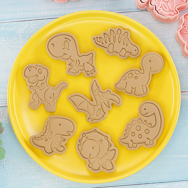 Cortadores de galletas de plástico con forma de dinosaurio, molde para galletas, sello para galletas, horneado de cocina, utensilios para hornear pasteles, dibujos animados en 3D, juego de 8 piezas