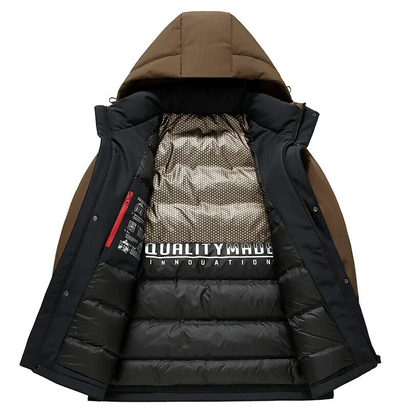 Męska kurtka puchowa z kapturem 2023 zimowa nowa moda kontrastowa kolorowy Patchwork zagęszczona zimna kurtka