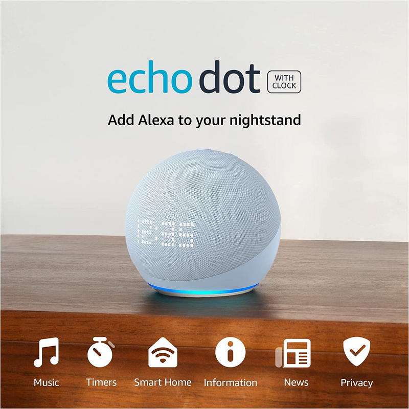 Compact Smart Speaker com Relógio, Echo Dot, Alexa, LE aprimorado, 50% de desconto, 5Th Gen