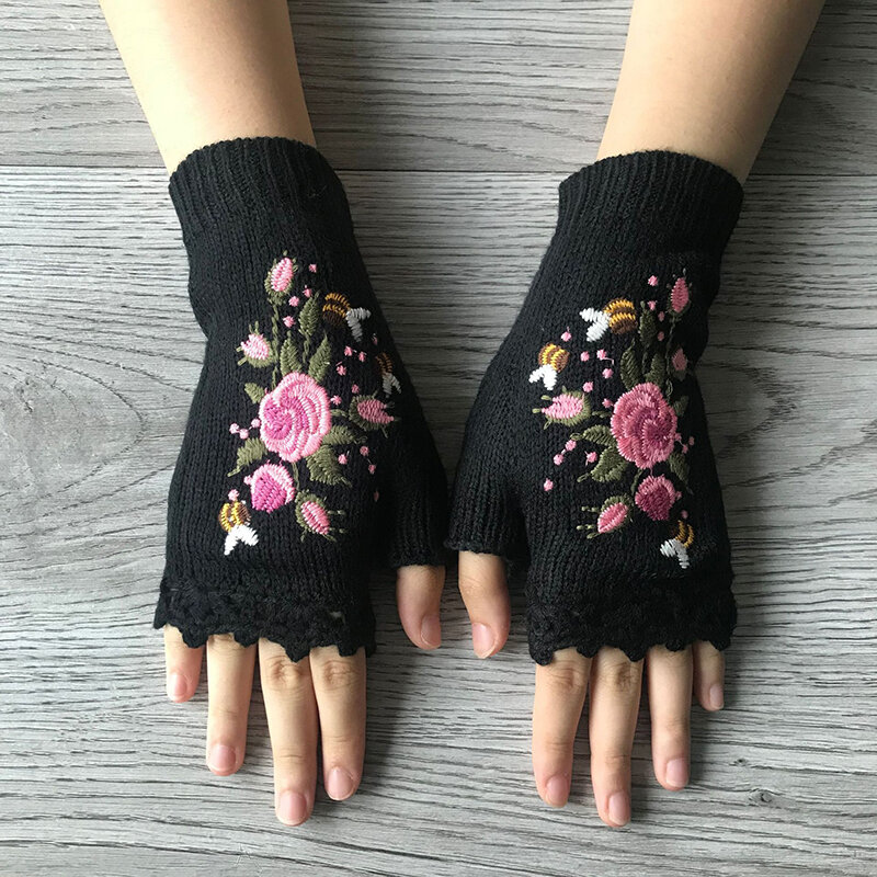 8 Colors Bee Flower Embroidery Knitted Half Finger Gloves Soft Warm Handmade Autumn Winter Outdoor Women Mittens One Size