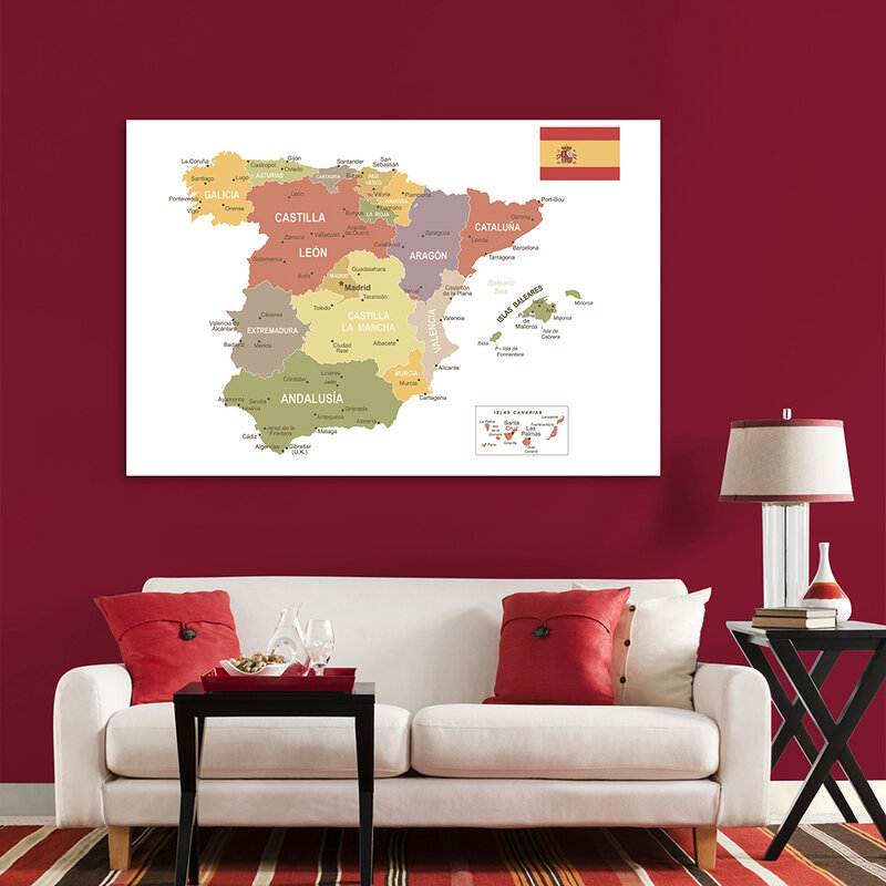 Pintura en lienzo de 150x100 cm para decoración del hogar, póster de arte para pared, suministros escolares, mapa politico de España en español, no tejido