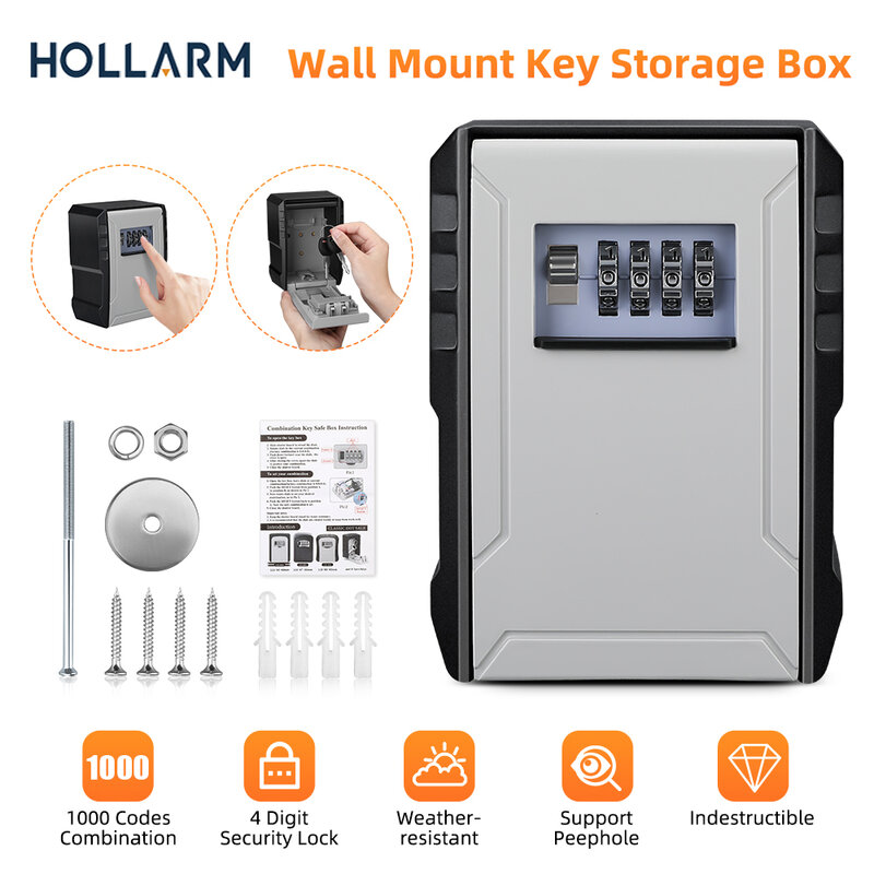 Hollarm Metal Material Password Lock Storage Box Outdoor Waterproof Wall Mount 4 Digit Password Key Box Anti Theft Key Safe Box