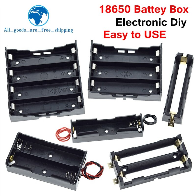 TZT-caixa do suporte da bateria, caixa preta com ligação do fio, grampo plástico, tamanho padrão, AA, 18650, 3.7V, 1.5V