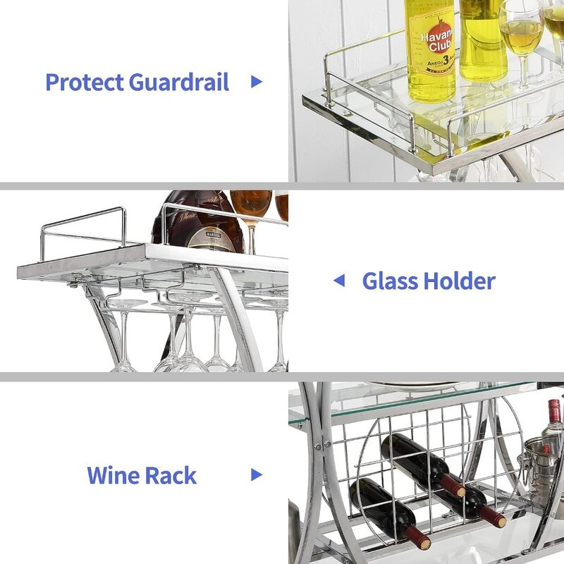 Carrello da Bar con portabicchieri e portabottiglie, carrello a 3 livelli con ripiani in vetro temperato e struttura in metallo cromato