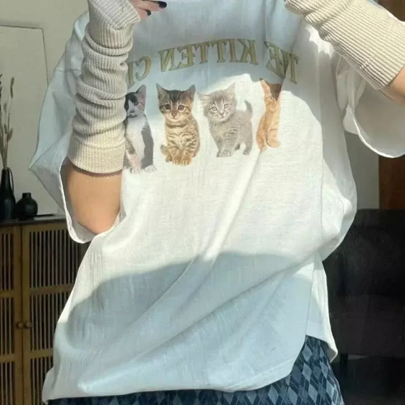 Kaus wanita Kawaii ukuran besar kaus wanita Streetwear klub kucing kaus Wanita lengan pendek putih kaus atasan Grunge lucu Korea kaus Y2k