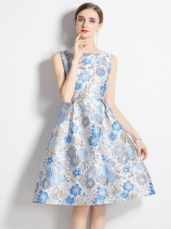 花柄のエレガントなブルーのノースリーブドレス,ヴィンテージスタイル,ジャカード,女性用,イブニングウェア,2023