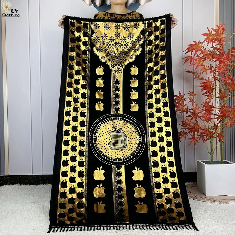 Jubah katun lengan pendek musim panas baru gaun wanita longgar dengan syal besar cap emas Boubou Maxi Islam wanita pakaian Abaya Afrika