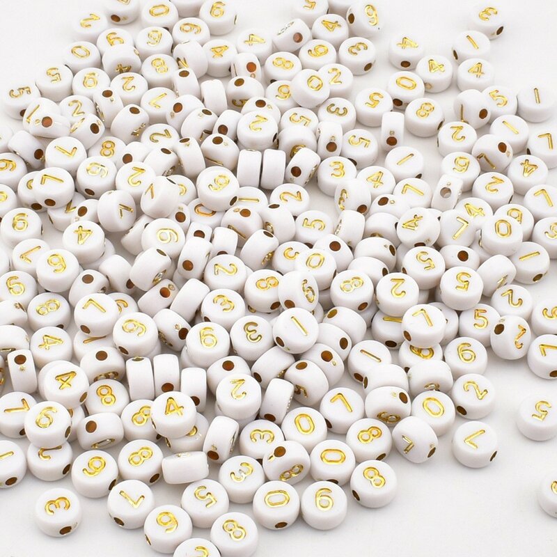 Perles acryliques rondes faites à la main pour la fabrication de bijoux, perles de numéro de caractère, fond blanc, or, bricolage, 7x4x1mm, 50 pièces par lot