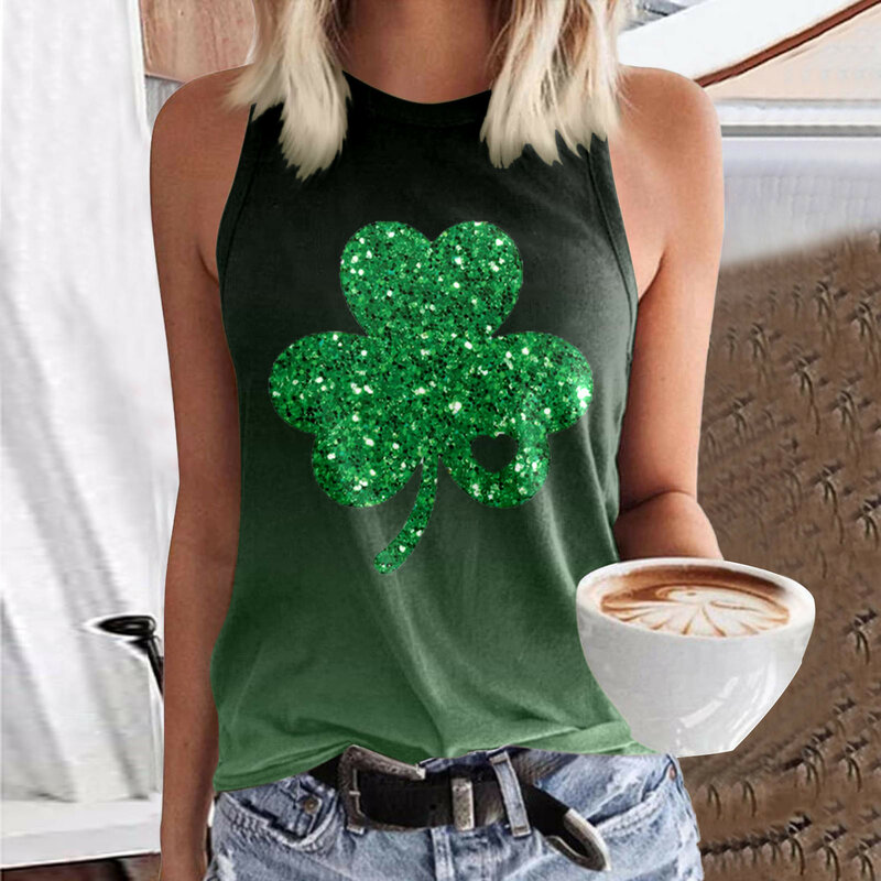 Women Sleeveless Print Tank Tops Crewneck Summer Tee Shirt Casual Loose Basic Blouse T Shirt Vest St Patrick's Day Tops Pullover