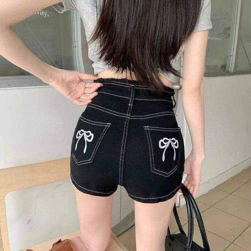 Coreano cintura alta denim shorts para as mulheres, bordado borboleta, estilo doce, elevador de bunda, elástico, emagrecimento, calças quentes