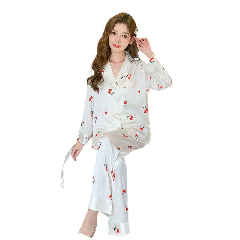Lente Zomer Ijs Zijden Pyjama Dames Print Revers Set Met Lange Mouwen Zijden Dunne Huiskleding Tweedelige Nachtkleding Homewear