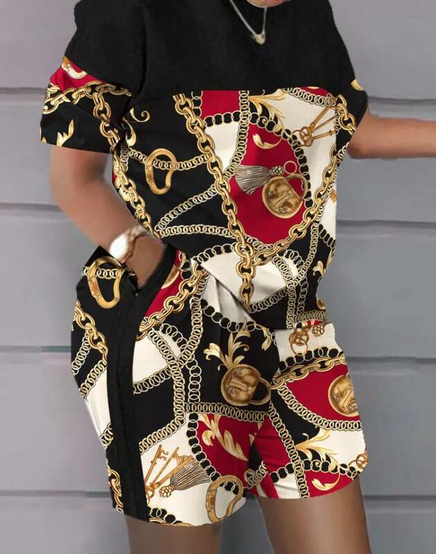 Zweiteilige Sets Damen Outfits Vintage Schal Ketten druck lässig O-Ausschnitt Kurzarm Top & Pocket Design Shorts Set Sommer
