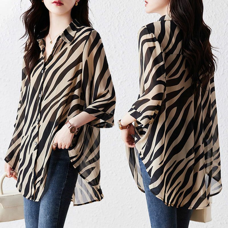 Blusa solta estampada zebra feminina, roupa de peito único, manga 3/4, camisa coreana com gola polo, trajeto elegante, primavera, verão, 2024