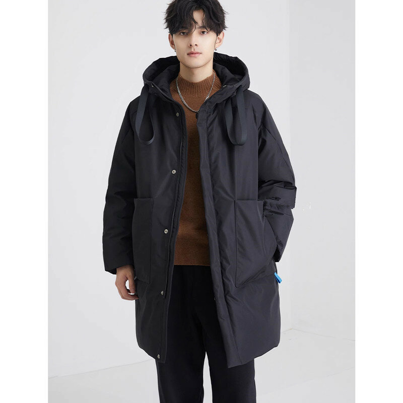Jaqueta masculina de comprimento médio espessa com capuz, jaqueta preta casual de manga comprida quente, moda jovem, novo, inverno, 2023