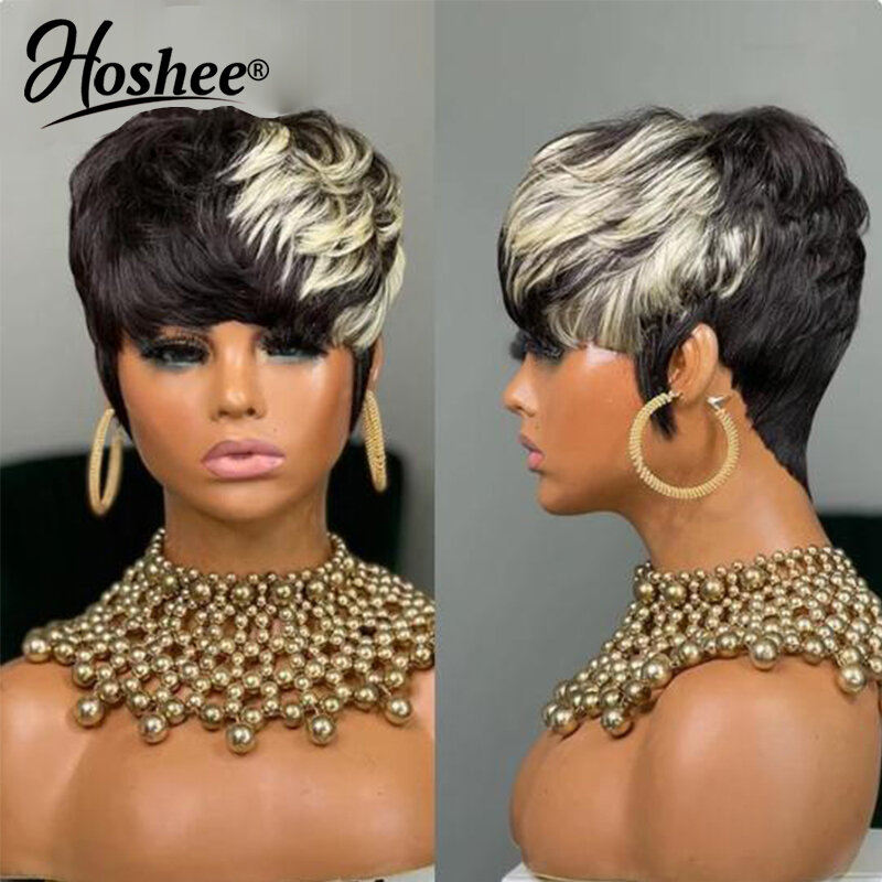 Perruques de cheveux humains Bob Pixie Cut, Highlight Colored Short, Glueless Wear and Go Brown, Black, 99j Red, Video TurnFull, Machine Made
