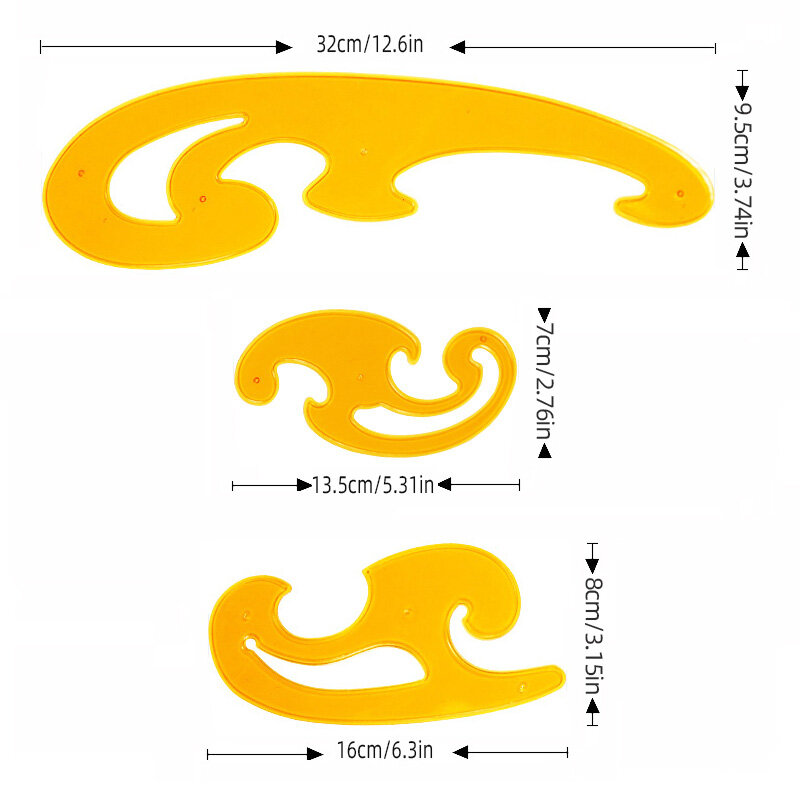フランスの曲線定規、3,5.3インチ、6.3インチ、12.6インチの曲線ボード描画テンプレート定規3つのアニメーション縫製定規のセット