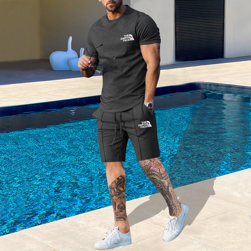 Sommer lässige, kurz ärmel ige T-Shirt-Shorts mit Rundhals ausschnitt passen zum einfarbigen, zweiteiligen Set der hochwertigen Sport-Outdoor-Marke für Herren