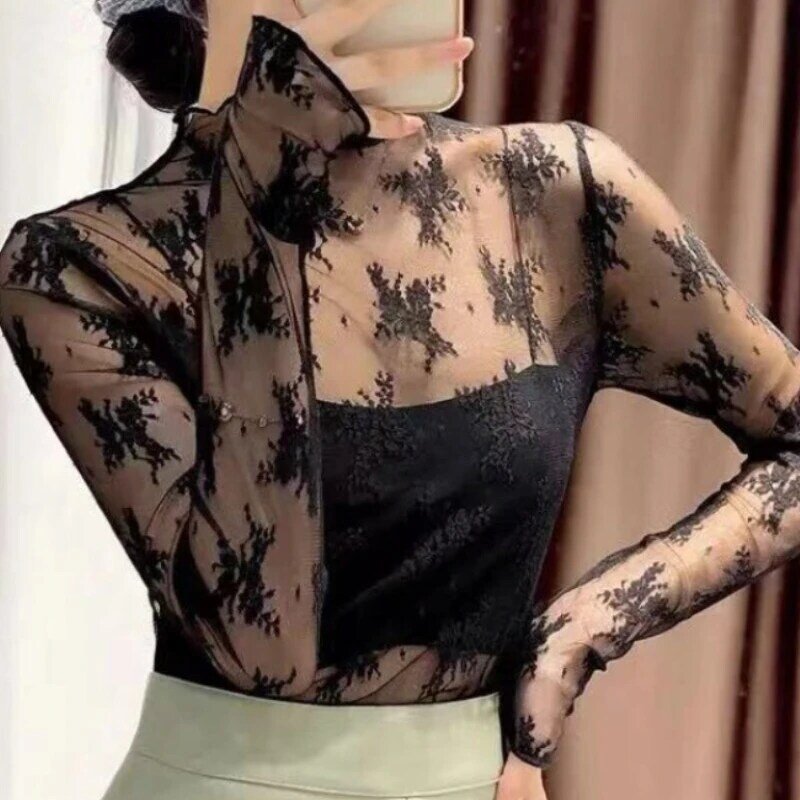 Summer Women Lace Floral Embroidery Blouses Shirt Ladies tops Sexy mesh Blouses Transparent Elegant See-through Black Shirt