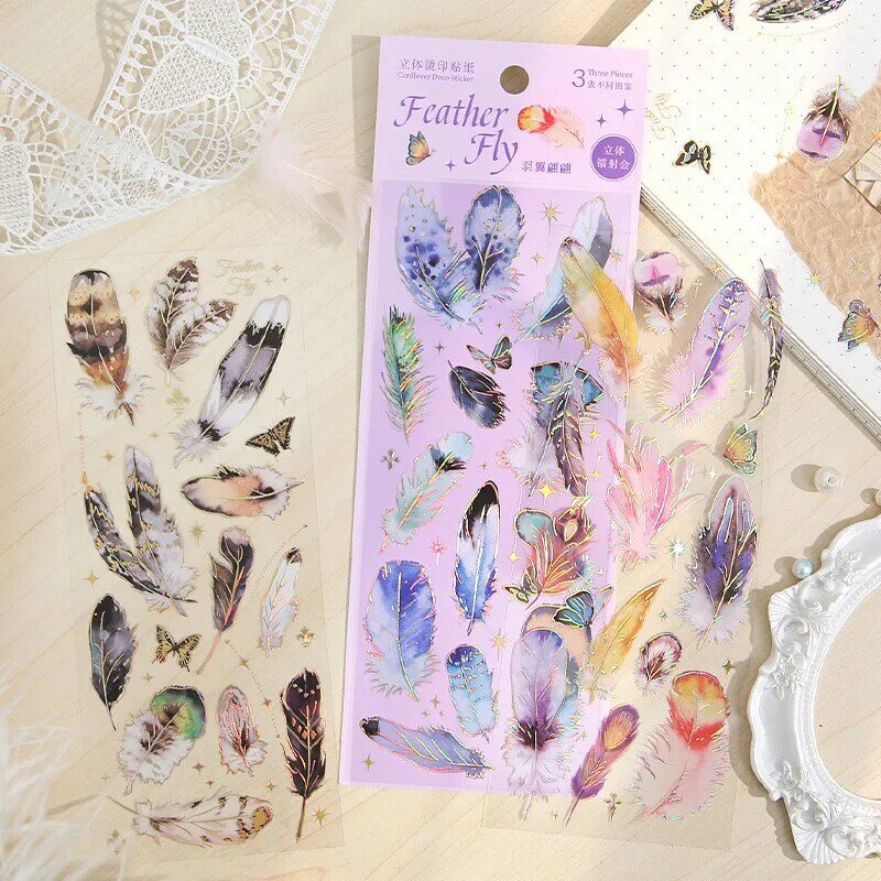 3pcs Kawaii Feather Dragonfly Bird Jellyfish Decorative Stickers Pack Scrapbooking Material Label Diary Phone Journal Planner
